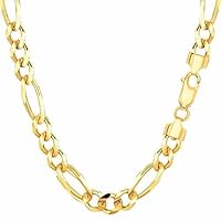 14k SOLID Yellow Gold 1.3mm, 1.9mm, 2.8mm, 3mm, 3.8mm, 4.5mm, 6mm, OR 7mm Diamond-Cut Classic Figaro Chain Necklace Bracelet Anklet for Pendants Spring-Ring Or Lobster Claw Clasp 7