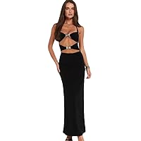 Women's Sexy Hollow Out Maxi Dress Summer Y2k Halter Neck Long Bodycon Dress Night Out Club Party Streetwear