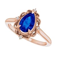 Vintage 1.5 CT Pear Shaped Blue Sapphire Ring, Rose Gold, Tear Drop Ring