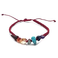 Rainbow Chakra Tumbled Chip Stone Macramé Braided String Adjustable Pull Tie Bracelet - Womens Fashion Handmade Jewelry Boho Accessories