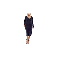 Womens Stretch Ruched Long Sleeve V Neck Below The Knee Cocktail Sheath Dress