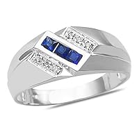 The Diamond Deal 10k SOLID White Gold Mens 3 Row Slant Round Shaped Diamond Accent And Lab Created Sapphire Gemstone Wedding Band Ring