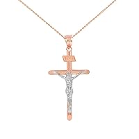SOLID TWO TONE ROSE GOLD AND WHITE GOLD INRI CROSS PENDANT NECKLACE (1.60