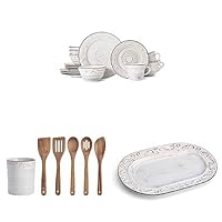 Pfaltzgraff Trellis White 16-Piece Dinnerware,Crock, and Serving Platter Set