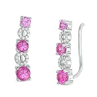1 CT Created Pink Sapphire & Diamond Ear Crawler Cuff Earrings 14K White Gold Finish