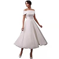 Women's Short Satin Wedding Dresses with Pockets A-Line Off Shoulder Corset Back Bridal Gown