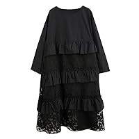Mesh Spliced Ruffle Black Vintage Print Dresses for Women Long Sleeve Loose Casual Midi Dress Clothes Spring Autumn