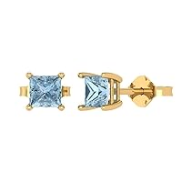 2.0 ct Princess Cut Solitaire Natural Aquamarine Pair of Stud Everyday Earrings Solid 18K Yellow Gold Butterfly Push Back