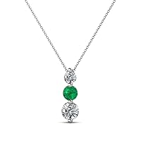 Round Emerald Natural Diamond 3/4 ctw Graduated Three Stone Drop Pendant. Included 16 Inches Chain 14K Gold