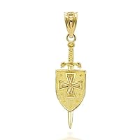 3D Saint Michael Sword & Shield Cross Pendant Necklace 10K Gold