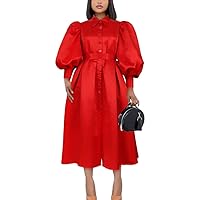 Women's Red Button Down Big Lantern Sleeve High Waist A-Line Dress