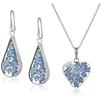 Amazon Collection Sterling Silver Blue Pressed Flower Teardrop Earrings and Pendant Set