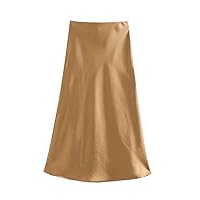 Women Summer A Line Satin Midi Skirts Elegant Office Style Lady Solid High Elastic Waist Skirt