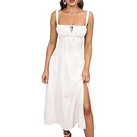 Women's Summer Solid Ruched Tie Front Corset Lace Up Cami Dress, Elegant Adjustable Straps A Line Midi Dress