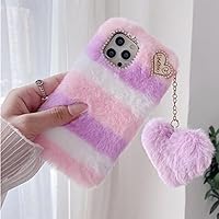 Girly Faux Fur Phone Case with 2PCS Glass Screen Protector,Cute Love Heart Ball Pendant Soft Fluffy Furry Shockproof Protective Phone Cover (Pink & Purple,for Huawei Y9A 2020)