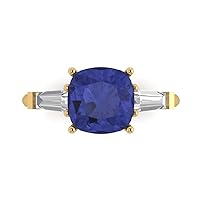 Clara Pucci 3.55 Cushion Baguette cut 3 stone Solitaire with Accent Stunning Simulated Blue Tanzanite Modern Promise Statement Ring 14k Yellow Gold