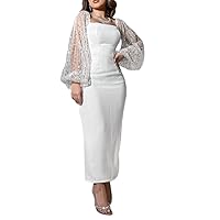Women Embroidery Lantern Mesh Sleeves Square Neck Evening Cocktail Business Bodycon Dresses