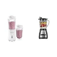 Hamilton Beach Portable Blender for Shakes and Smoothies with 14 Oz BPA Free Travel & Power Elite Wave Action Blender For Shakes and Smoothies, Puree, Crush Ice, 40 Oz Glass Jar, 12 Functions