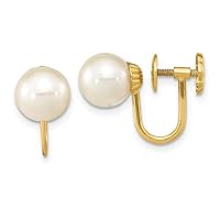 14k Gold 7 8mm Round White Freshwater Cultured Pearl Non Pierced Earrings Measures 13.5mm long Jewelry Gifts for Women