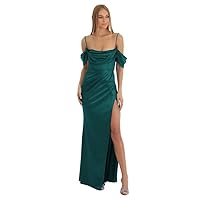 Women's Off Shoulder Satin Bridesmaid Dresses Long Pleated Prom Dress Spaghetti Straps Formal Dress with Slit MN922