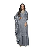Palazzo Kurta Ready to Wear Indian Pakistani Wedding Wear Designer Palazzo Straight Salwar Suit for Womens Grey - X-Small
