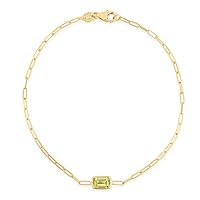 14k Yellow Gold Gemstone Paperclip Bracelet With Lobster Clasp Featuring 6x4 Baguette Peridot Center Jewelry for Women
