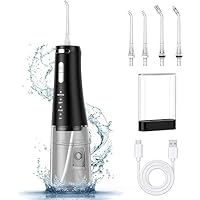 Cordless Water Dental Flosser Teeth Cleaner, 300ML Portable and USB Rechargeable Dental Oral Irrigator, Power Dental Flossers with 4-Modes 4 Jet Tips, IPX7 Waterproof Irrigate for Oral Care