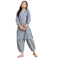 Grey & White Ethnic Motifs Printed V-Neck Pure Cotton A-Line Kurta With Salwar Suit Set For Women