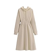 Women Sport Hooded Midi Dress Long Sleeve Streetwear High Waist A Line Dresses Solid Big Spring Clothes