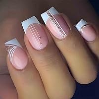 Foccna White Press on Nails Medium,Pink Fake Nails Square Acrylic False Bling French Nails,French Artificial Nails for Women and Girls-24pcs