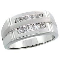 14k White Gold Satin Stripe Men's Comfort Fit Stone Ring, w/ 0.75 Carat Invisible Set Diamonds, 7/16 in. (11mm) wide