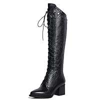 Women Over The Knee High Boots Cow Leather Fashion Lace Up Pointed Toe Boot - Black, 3