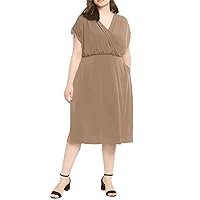 Plus Size Surplice Neck Ruched Dress Women Adjustable Shoulders Midi Wrap Casual Dress