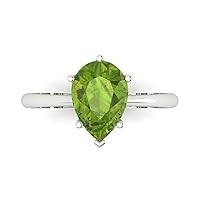 Clara Pucci 2.45ct Pear Cut Solitaire Genuine Natural Pure Green Peridot 6-Prong Classic Designer Statement Ring 14k White Gold for Women