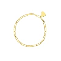 JEWELHEART 14K Real Gold Heart Bracelet - Minimalist Paperclip Link Chain Bracelet For Women - Delicate Yellow Gold Heart Charm Bracelet 7.5
