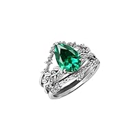 Vine Leaf Design Emerald Engagement Ring Set Pear Shaped 2 CT Emerald Antique Wedding Rings Set For Women Art Deco Emerald Bridal Rings Set
