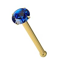 Blue Sapphire Genuine Crystal Stone 14ct Solid Yellow Gold 22 Gauge - 6MM Length Nose Bone Nose Stud