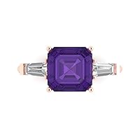 Clara Pucci 3.47ct Asscher Baguette cut 3 stone Solitaire with Accent Natural Amethyst gemstone designer Modern Ring 14k Rose Gold