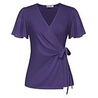 GRACE KARIN Womens Dressy Tops Flowing Chiffon Short Sleeve Blouses 2024 Summer Blouses V Neck Wrap Business Work Shirts Tops