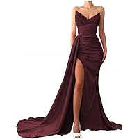 Strapless Satin Prom Dresses 2024 Bodycon Mermaid V-Neck Beaded Long Slit Ball Gowns for Women Burgundy