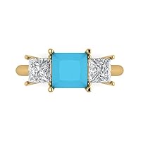 Clara Pucci 2.97ct Princess Cut 3 Stone Solitaire with Accent Simulated Cubic Zirconia Blue Turquoise Modern Ring 14k Yellow Gold