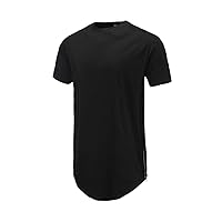 Men Casual T-Shirt Curve Hem Side with Zipper Short Sleeve Streetwear Long Line Hip Pop Style Tops
