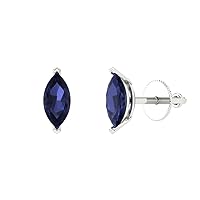 1.0 ct Marquise Cut Solitaire Genuine Simulated Blue Sapphire Pair of Designer Stud Earrings Solid 14k White Gold Screw Back