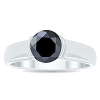 1 1/2 Carat Half Bezel Black Diamond Solitaire Ring in 10K White Gold
