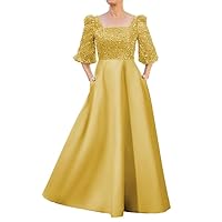 Mother of The Bride Dresses for Wedding Boat Neck Long Satin Evening Dress with Sequin Sleeves Formal Party Gowns