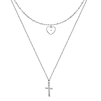 Layered Pendant Necklace for Women, White Gold Plated Color Stainless Steel V Shape Heart Mustard Seed Double Chain Layering Faith Pendant Necklace for Women Girls Birthday Religious Jewelry Gift