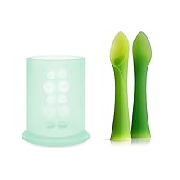 Olababy 100% Silicone Soft-Tip Training Spoon (2PK) and Training Cup (Mint) for Baby Led Weaning