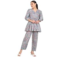 Women Cotton Printed Co-Ords Set 3/4 Sleeve Cord Dress for Ladies Casual Wear Fashionable for Party