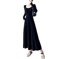 Casual Square Collar Woman's Long Sleeve Knitting Dress Autumn Black Female High Waist A-Line Sweater Dresses