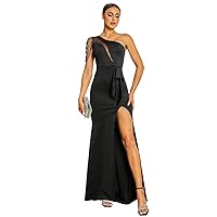 Black Beading Evening Dress Elegant Women One Shoulder Sleeveless Cutout Party Dresses Long Prom